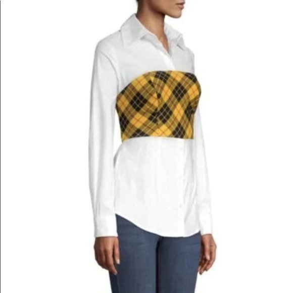 Petersyn Monroe Blouse Plaid Tartan Panel Tie Back Blouse White Yellow S - Picture 2 of 16